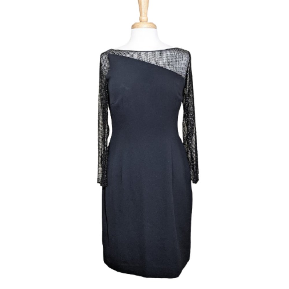 CARMEN MARC VALVO Vintage Cocktail Dress w/ Beaded Asymmetrical Neckline